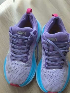 Hoka Lavender Sneakers with Aqua Soles and Pink Heel Tabs